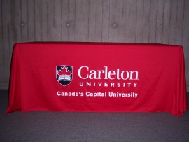 red Carleton University branded table cloth